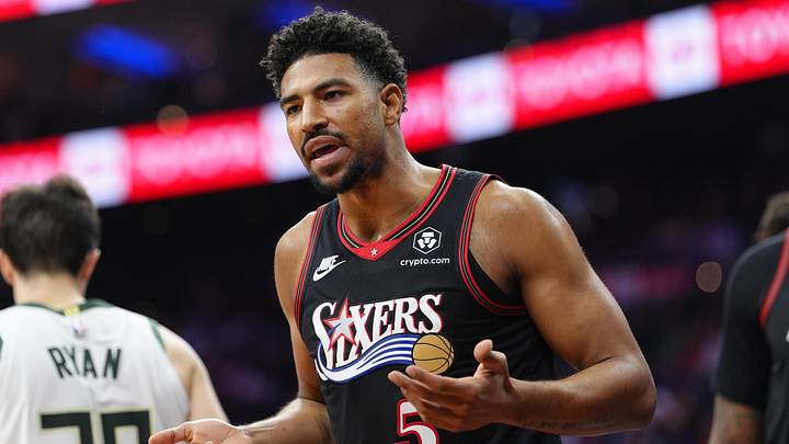 Apr 12, 2026; Philadelphia, Pennsylvania, USA; Philadelphia 76ers guard Quentin Grimes (5) reacts against the Milwaukee Bucks in the second quarter at Xfinity Mobile Arena. Mandatory Credit: Kyle Ross-Imagn Images