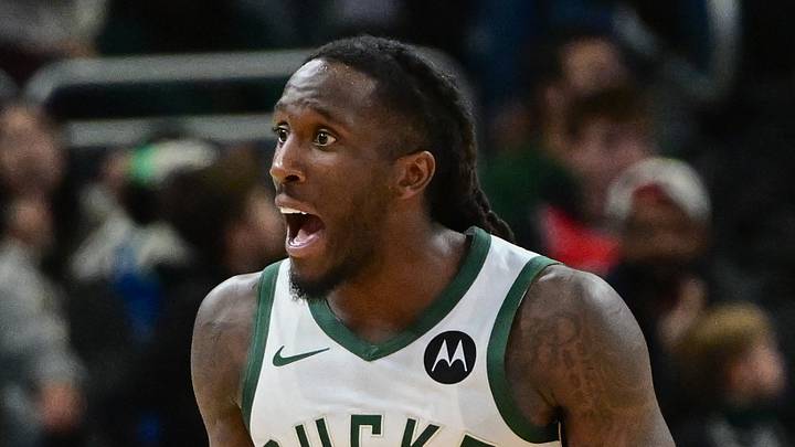 Oct 14, 2024; Milwaukee, Wisconsin, USA; Milwaukee Bucks guard Taurean Prince (12) reacts after a foul call in the third quarter against the Chicago Bulls at Fiserv Forum. Mandatory Credit: Benny Sieu-Imagn Images