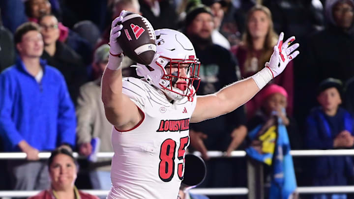 Oct 25, 2024; Chestnut Hill, Massachusetts, USA; Louisville Cardinals tight end Nate Kurisky (85) reacts to his touchdown during the second half against the Boston College Eagles at Alumni Stadium. Mandatory Credit: Eric Canha-Imagn Images