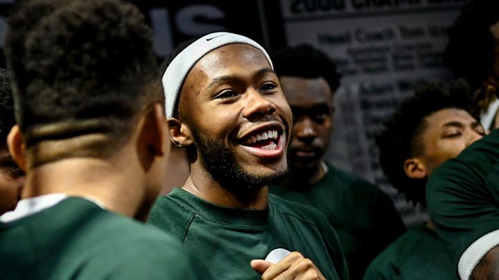 Michigan State's Tre Holloman, center, and the Spartans prepare to take on Florida Atlantic on Saturday, Dec. 21, 2024, in East Lansing. Michigan State's Tre Holloman, center, and the Spartans prepare to take on Florida Atlantic on Saturday, Dec. 21, 2024, in East Lansing.