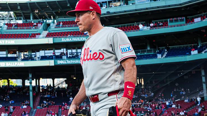 May 12, 2026; Boston, Massachusetts, USA; Philadelphia Phillies catcher J.T. Realmuto (10) walks to the bullpen before the start of the game against the Boston Red Sox at Fenway Park. May 12, 2026; Boston, Massachusetts, USA; Philadelphia Phillies catcher J.T. Realmuto (10) walks to the bullpen before the start of the game against the Boston Red Sox at Fenway Park.