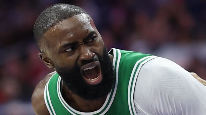 Apr 30, 2026; Philadelphia, Pennsylvania, USA; Boston Celtics guard Jaylen Brown (7) drives against Philadelphia 76ers guard Tyrese Maxey (0) during the second quarter at Xfinity Mobile Arena. Mandatory Credit: Bill Streicher-Imagn Images