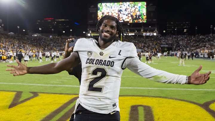 Oct 7, 2023; Tempe, Arizona, USA; Colorado Buffaloes quarterback Shedeur Sanders (2) celebrates after defeating the Arizona State Sun Devils at Mountain America Stadium, Home of the ASU Sun Devils. Mandatory Credit: Mark J. Rebilas-Imagn Images