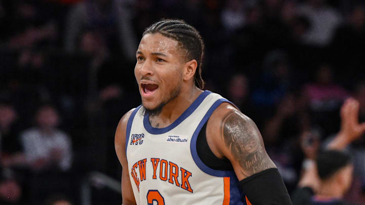 Jan 17, 2026; New York, New York, USA; New York Knicks guard Miles McBride (2) reacts during the second half against the Phoenix Suns at Madison Square Garden. Mandatory Credit: John Jones-Imagn Images