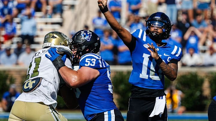 Oct 18, 2025; Durham, North Carolina, USA;  Duke Blue Devils quarterback Darian Mensah (10) throws the ball during the first half of the game against Georgia Tech Yellow Jackets at Wallace Wade Stadium. Mandatory Credit: Jaylynn Nash-Imagn Images