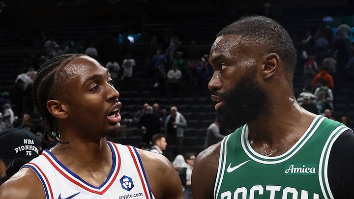 May 2, 2026; Boston, Massachusetts, USA; Philadelphia 76ers guard Tyrese Maxey (0) talks with Boston Celtics guard Jaylen Brown (7)after PhiladephiaÕs win in game seven of the first round of the 2026 NBA Playoffs at TD Garden. Mandatory Credit: Winslow Townson-Imagn Images May 2, 2026; Boston, Massachusetts, USA; Philadelphia 76ers guard Tyrese Maxey (0) talks with Boston Celtics guard Jaylen Brown (7)after PhiladephiaÕs win in game seven of the first round of the 2026 NBA Playoffs at TD Garden. Mandatory Credit: Winslow Townson-Imagn Images