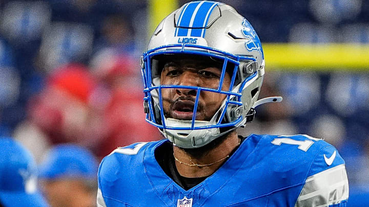 Detroit Lions wide receiver Tim Patrick (17) warms up before the Tampa Bay Buccaneers game at Ford Field in Detroit on Sunday, September 15, 2024.