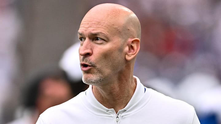 Sep 17, 2023; Houston, Texas, USA; Indianapolis Colts defensive coordinator Gus Bradley looks on during the first half against the Houston Texans at NRG Stadium. Mandatory Credit: Maria Lysaker-Imagn Images