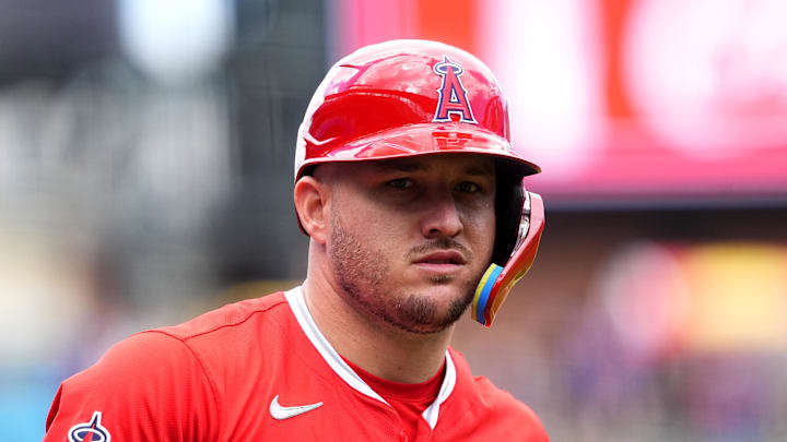 Sep 21, 2025; Denver, Colorado, USA; Los Angeles Angels designated hitter Mike Trout (27) before the game against the Colorado Rockies at Coors Field. Mandatory Credit: Ron Chenoy-Imagn Images