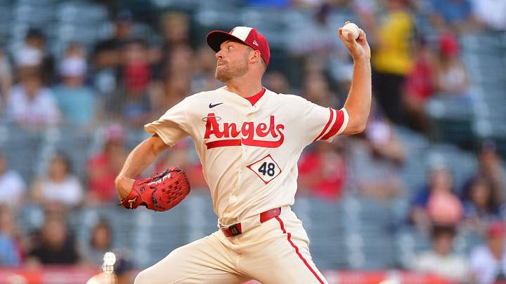 Jul 28, 2026; Anaheim, California, USA; Los Angeles Angels pitcher Reid Detmers (48) throws against the Houston Astros during the first inning at Angel Stadium. Mandatory Credit: Gary A. Vasquez-Imagn Images