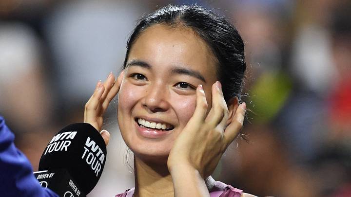 Alexandra Eala reacts during a TV interview