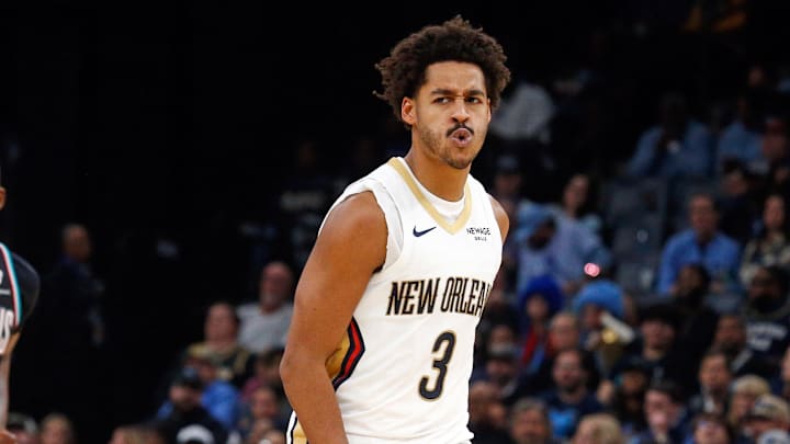 Oct 22, 2025; Memphis, Tennessee, USA; New Orleans Pelicans guard Jordan Poole (3) reacts during the second quarter against the Memphis Grizzlies at FedExForum. Mandatory Credit: Petre Thomas-Imagn Images Oct 22, 2025; Memphis, Tennessee, USA; New Orleans Pelicans guard Jordan Poole (3) reacts during the second quarter against the Memphis Grizzlies at FedExForum. Mandatory Credit: Petre Thomas-Imagn Images