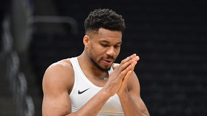Mar 31, 2026; Milwaukee, Wisconsin, USA; Milwaukee Bucks forward Giannis Antetokounmpo (34) warms up before a game against the Dallas Mavericks at Fiserv Forum. Mandatory Credit: Benny Sieu-Imagn Images