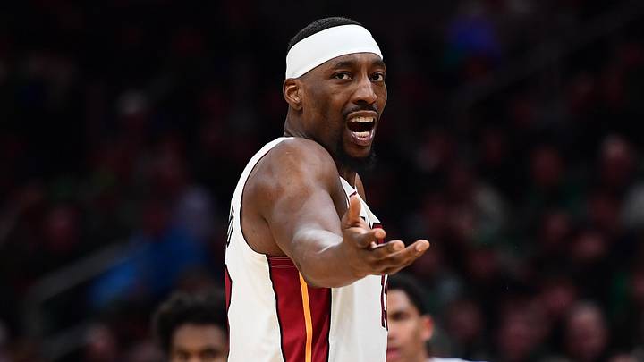 Miami Heat center Bam Adebayo (13) reacts  (Mandatory Credit: Bob DeChiara-Imagn Images)
