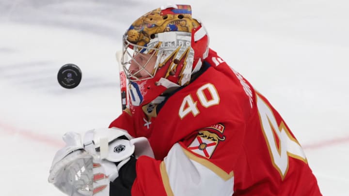 Mar 26, 2026; Sunrise, Florida, USA; Florida Panthers goaltender Daniil Tarasov (40) makes a save against the Minnesota Wild during the third period at Amerant Bank Arena. Mandatory Credit: Sam Navarro-Imagn Images