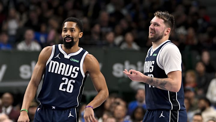 Dec 23, 2024; Dallas, Texas, USA; Dallas Mavericks guard Spencer Dinwiddie (26) and guard Luka Doncic (77) laugh together during the second half against the Portland Trail Blazers at the American Airlines Center. Mandatory Credit: Jerome Miron-Imagn Images Dec 23, 2024; Dallas, Texas, USA; Dallas Mavericks guard Spencer Dinwiddie (26) and guard Luka Doncic (77) laugh together during the second half against the Portland Trail Blazers at the American Airlines Center. Mandatory Credit: Jerome Miron-Imagn Images