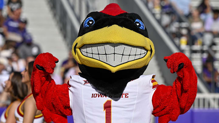 Nov 8, 2025; Fort Worth, Texas, USA;  The Iowa State Cyclones mascot poses for a photo during the game against the TCU Horned Frogs at Amon G. Carter Stadium. 