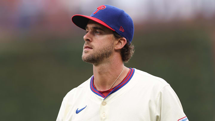 Apr 5, 2025; Philadelphia, Pennsylvania, USA; Philadelphia Phillies pitcher Aaron Nola (27) before action against the Los Angeles Dodgers at Citizens Bank Park