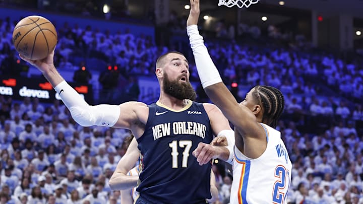 Apr 21, 2024; Oklahoma City, Oklahoma, USA; New Orleans Pelicans center Jonas Valanciunas (17) Apr 21, 2024; Oklahoma City, Oklahoma, USA; New Orleans Pelicans center Jonas Valanciunas (17)