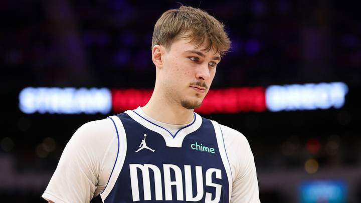 Jan 31, 2026; Houston, Texas, USA; Dallas Mavericks forward Cooper Flagg (32) reacts after a play during the second quarter against the Houston Rockets at Toyota Center. Mandatory Credit: Troy Taormina-Imagn Images