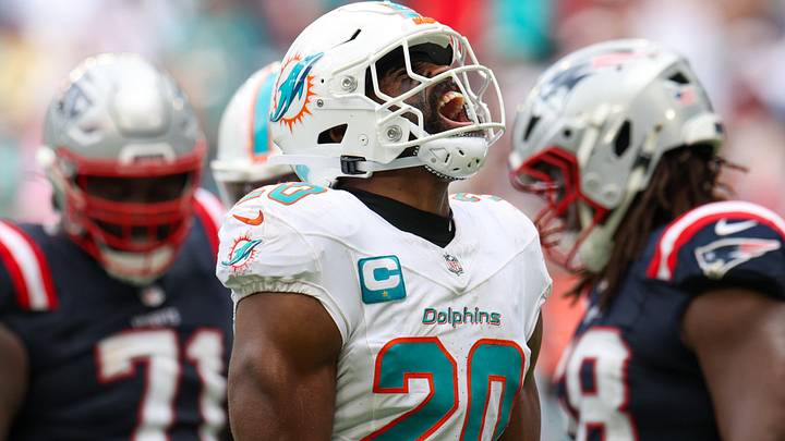 Miami Dolphins linebacker Jordyn Brooks reacts after play against the New England Patriots. Miami Dolphins linebacker Jordyn Brooks reacts after play against the New England Patriots.