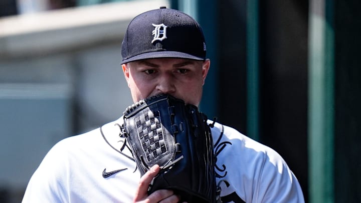 Detroit Tigers pitcher Tarik Skubal (29) walks off the field for pitching change during the seventh inning against Milwaukee Brewers at Comerica Park in Detroit on Thursday, April 23, 2026.