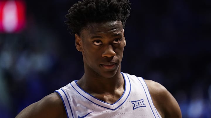 Mar 7, 2026; Provo, Utah, USA; BYU Cougars forward AJ Dybantsa (3) looks on during the first half against the Texas Tech Red Raiders at Marriott Center. Mandatory Credit: Aaron Baker-Imagn Images 