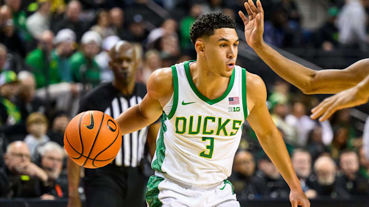 Dec 2, 2025; Eugene, Oregon, USA; Oregon Ducks guard Jackson Shelstad (3) dribbles the ball during the first half against the Southern California Trojans at Matthew Knight Arena. Mandatory Credit: Craig Strobeck-Imagn Images Dec 2, 2025; Eugene, Oregon, USA; Oregon Ducks guard Jackson Shelstad (3) dribbles the ball during the first half against the Southern California Trojans at Matthew Knight Arena. Mandatory Credit: Craig Strobeck-Imagn Images