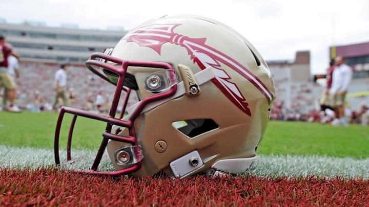 Oct 7, 2017; Tallahassee, FL, USA; View of a Florida State Seminoles helmet on the field before the game against the Miami Hurricanes at Doak Campbell Stadium. Mandatory Credit: Melina Vastola-Imagn Images