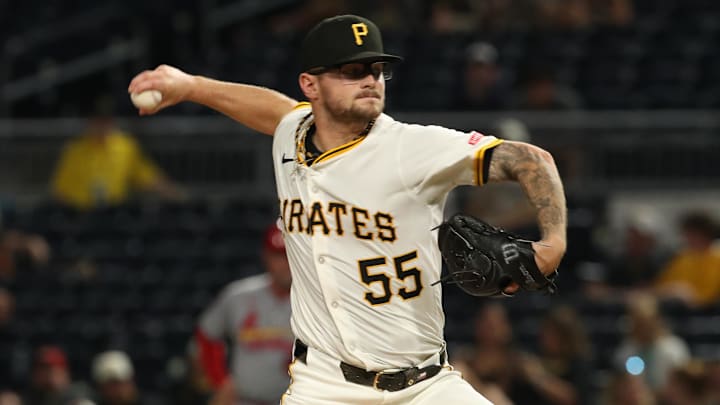 Jun 30, 2025; Pittsburgh, Pennsylvania, USA;  Pittsburgh Pirates relief pitcher Chase Shugart (55) pitches against the St. Louis Cardinals during the ninth inning at PNC Park.