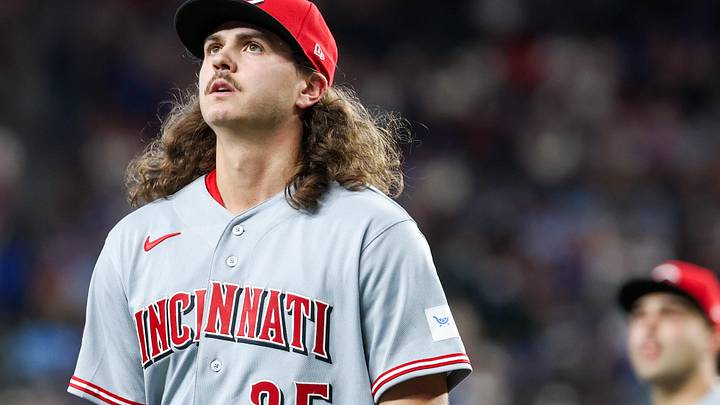 Cincinnati Reds pitcher Rhett Lowder (25) reacts
