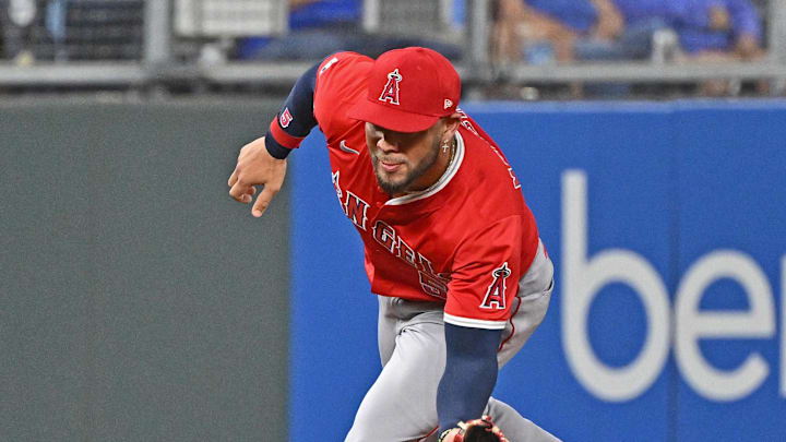 Sep 2, 2025; Kansas City, Missouri, USA;  Los Angeles Angels third baseman Yoan Moncada (5) fields the ball in the seventh inning against the Kansas City Royals at Kauffman Stadium. Mandatory Credit: Peter Aiken-Imagn Images