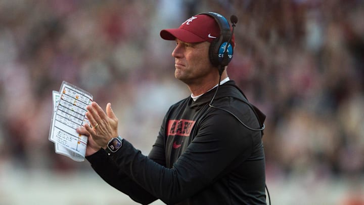 Alabama Crimson Tide head coach Kalen DeBoer encourages his team as Auburn Tigers take on Alabama Crimson Tide at Bryant-Denny Stadium in Tuscaloosa, Ala., on Saturday, Nov. 30, 2024. Alabama Crimson Tide defeated Auburn Tigers 28-14.