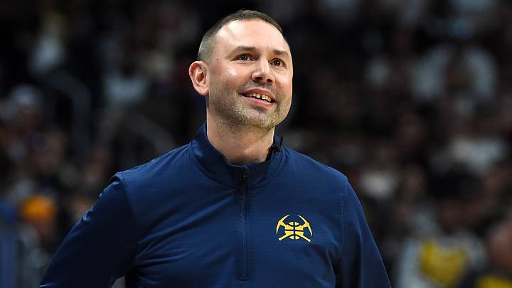 Apr 18, 2026; Denver, Colorado, USA; Denver Nuggets head coach David Adelman walks the sideline after being called for a technical foul during the first half against the Minnesota Timberwolves in game one of the first round of the 2026 NBA Playoffs at Ball Arena. Mandatory Credit: Christopher Hanewinckel-Imagn Images