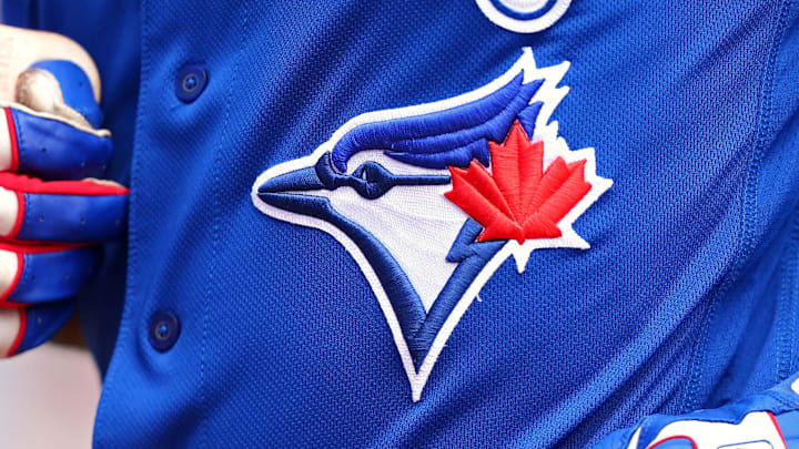 Mar 25, 2018; Dunedin, FL, USA; A view of the Blue Jays logo on an official Majestic game jersey during a game between the Pittsburgh Pirates and the Toronto Blue Jays at Florida Auto Exchange Stadium. 