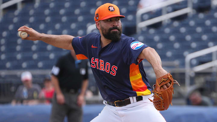 Mar 9, 2024; West Palm Beach, Florida, USA; Houston Astros starting pitcher Jose Urquidy (65) pitches in the first inning against the Washington Nationals at CACTI Park of the Palm Beaches.