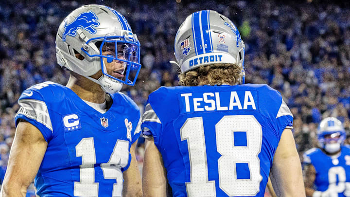Detroit Lions wide receiver Isaac Teslaa (18) scores a touchdown during the third quarter against the Pittsburgh Steelers 