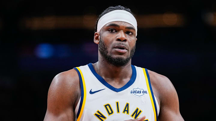 Indiana Pacers forward Jarace Walker (5) looks on against the Toronto Raptors at Scotiabank Arena. Indiana Pacers forward Jarace Walker (5) looks on against the Toronto Raptors at Scotiabank Arena.