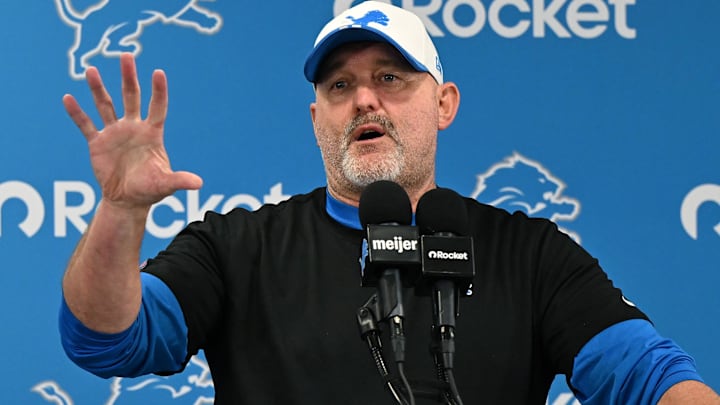 Jul 28, 2025; Allen Park, MI, USA; Former Detroit Lions offensive coordinator John Morton talks with the media before the Lions take the field for practice at Meijer Performance Center.