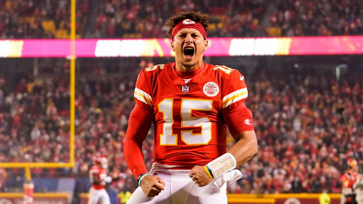 Nov 1, 2021; Kansas City, Missouri, USA; Kansas City Chiefs quarterback Patrick Mahomes (15) reacts before the game against the New York Giants at GEHA Field at Arrowhead Stadium. Mandatory Credit: Jay Biggerstaff-Imagn Images