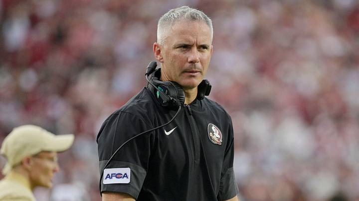 Aug 30, 2025; Tallahassee, Florida, USA; Florida State Seminoles head coach Mike Norvell reacts after a play against the Alabama Crimson Tide during the second half at Doak S. Campbell Stadium. Mandatory Credit: Melina Myers-Imagn Images
