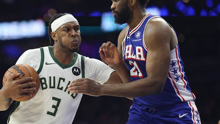 Jan 27, 2026; Philadelphia, Pennsylvania, USA; Milwaukee Bucks center Myles Turner (3) drives against Philadelphia 76ers center Joel Embiid (21) during the first quarter at Xfinity Mobile Arena. Mandatory Credit: Bill Streicher-Imagn Images
