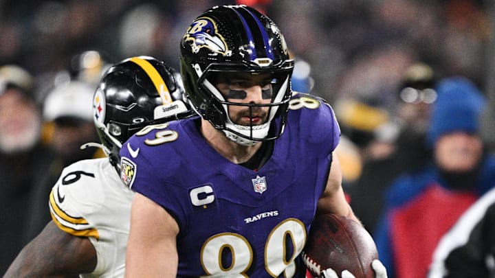 Jan 11, 2025; Baltimore, Maryland, USA; Baltimore Ravens tight end Mark Andrews (89) against Pittsburgh Steelers linebacker Patrick Queen (6) in the second quarter in an AFC wild card game at M&T Bank Stadium. Mandatory Credit: Tommy Gilligan-Imagn Images