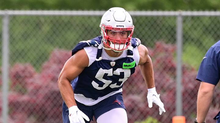 Jun 12, 2024; Foxborough, MA, USA; New England Patriots linebacker Christian Elliss (53) works out at minicamp at Gillette Stadium. Mandatory Credit: Eric Canha-USA TODAY Sports Jun 12, 2024; Foxborough, MA, USA; New England Patriots linebacker Christian Elliss (53) works out at minicamp at Gillette Stadium. Mandatory Credit: Eric Canha-USA TODAY Sports