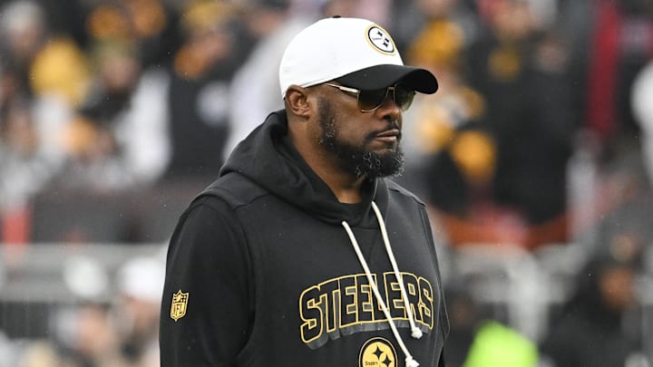 Dec 28, 2025; Cleveland, Ohio, USA; Pittsburgh Steelers head coach Mike Tomlin looks on before the game against the Cleveland Browns at Huntington Bank Field. Mandatory Credit: Ken Blaze-Imagn Images