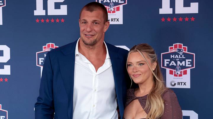 FOXBOROUGH, MA - JUNE 12: Rob Gronkowski and Camille Kostek during the induction of Tom Brady into the New England Patriots Hall of Fame on June 12, 2024 at Gillette Stadium in Foxborough, Massachusetts. FOXBOROUGH, MA - JUNE 12: Rob Gronkowski and Camille Kostek during the induction of Tom Brady into the New England Patriots Hall of Fame on June 12, 2024 at Gillette Stadium in Foxborough, Massachusetts.