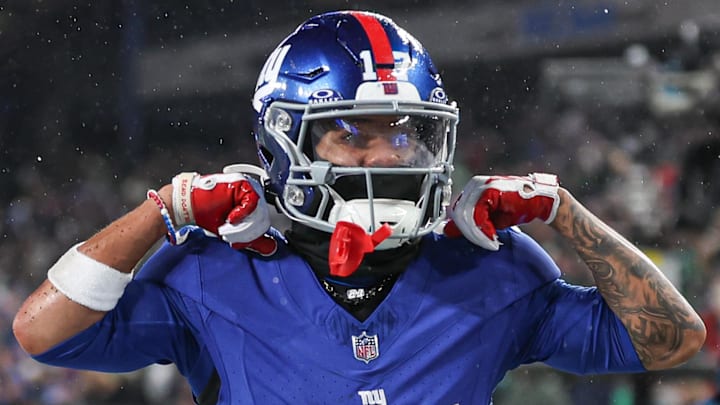 Jan 7, 2024; East Rutherford, New Jersey, USA; New York Giants wide receiver Wan'Dale Robinson (17) reacts after a first down reception during the first half against the Philadelphia Eagles at MetLife Stadium. Mandatory Credit: Vincent Carchietta-Imagn Images Jan 7, 2024; East Rutherford, New Jersey, USA; New York Giants wide receiver Wan'Dale Robinson (17) reacts after a first down reception during the first half against the Philadelphia Eagles at MetLife Stadium. Mandatory Credit: Vincent Carchietta-Imagn Images