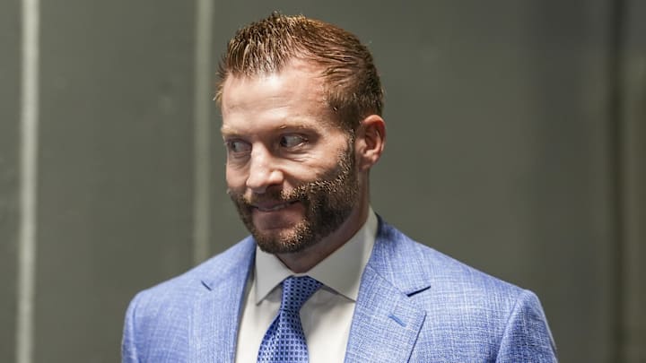Jan 10, 2026; Charlotte, NC, USA;  Los Angeles Rams head coach Sean McVay walks into the stadium before the NFC Wild Card Round game against the Carolina Panthers at Bank of America Stadium. Mandatory Credit: Jim Dedmon-Imagn Images