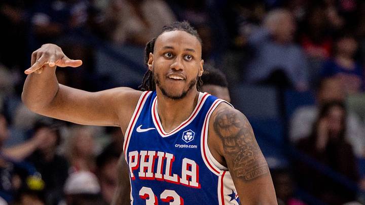 Philadelphia 76ers forward Jabari Walker (33) reacts to making a three point basket against the New Orleans Pelicans during the second half at Smoothie King Center. Philadelphia 76ers forward Jabari Walker (33) reacts to making a three point basket against the New Orleans Pelicans during the second half at Smoothie King Center.
