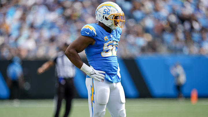 Sep 15, 2024; Charlotte, North Carolina, USA; Los Angeles Chargers linebacker Khalil Mack (52) during the second half against the Carolina Panthers at Bank of America Stadium. 